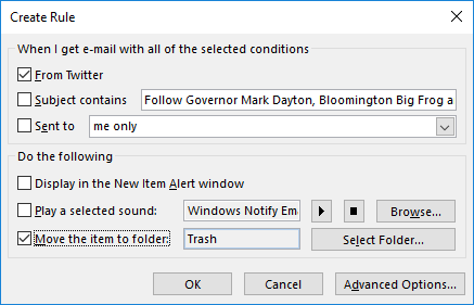 Selecting an action in the Create Rule screen