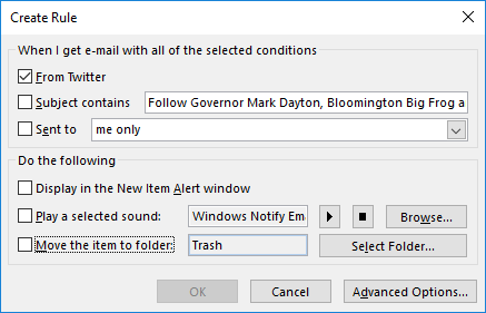 Selecting a condition in the Create Rule screen