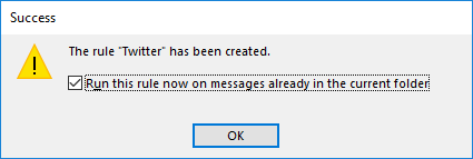Success screen for Create Rule screen