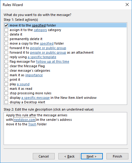 Rules Wizard actions screen
