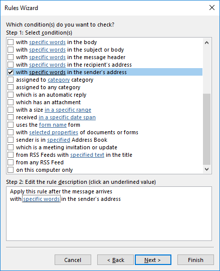 Rules Wizard conditions screen