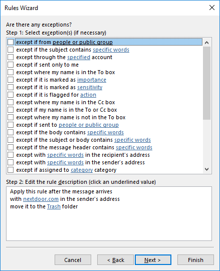Rules Wizard exception screen