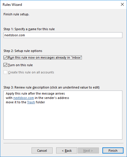 Rules Wizard finish screen